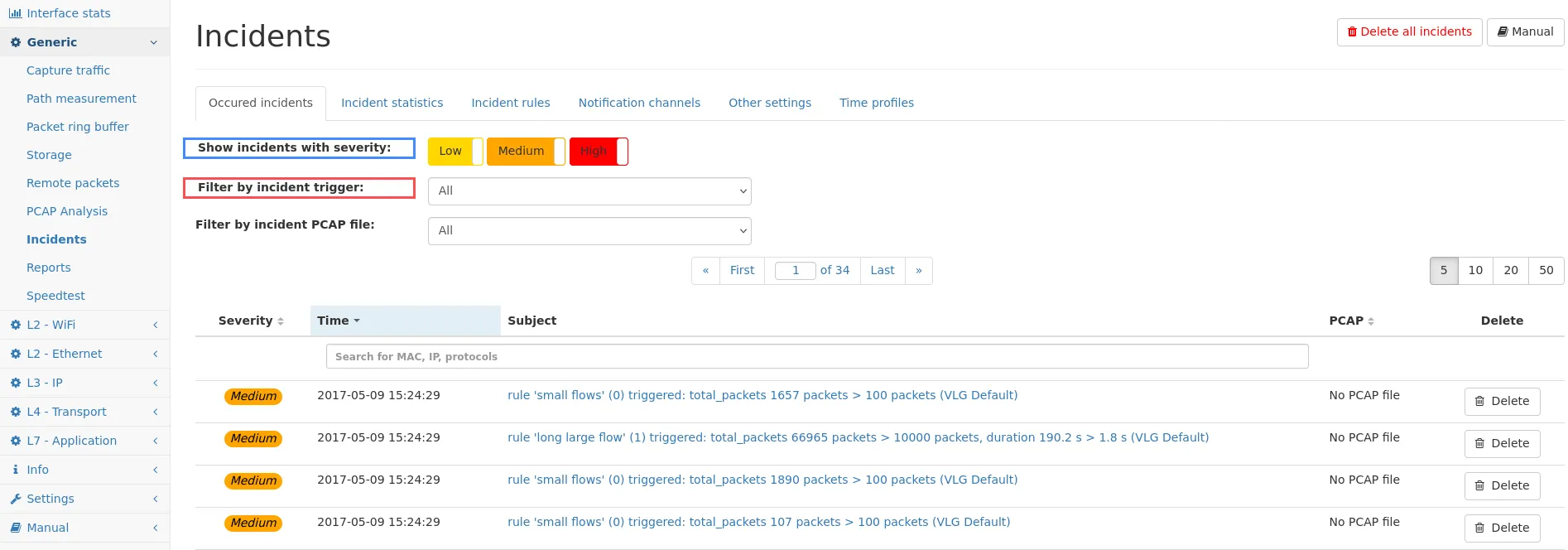Filter incidents by severity or trigger